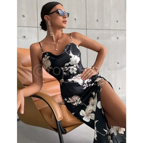 Floral Print Cowl Neckline Cami Satin Midi Dress Black  Leg Slit - Picture 7 of 8